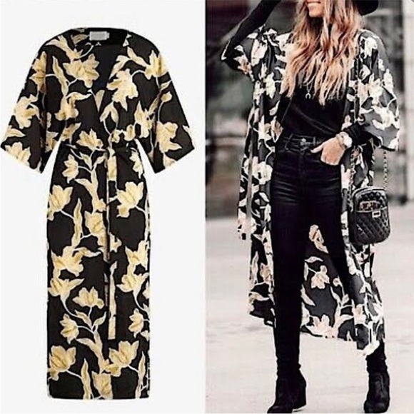 Mason Du Soir Other - Maison Du Soir Black Floral Luxury Women’s Kimono Silky Tie Front Robe Sz L/XL